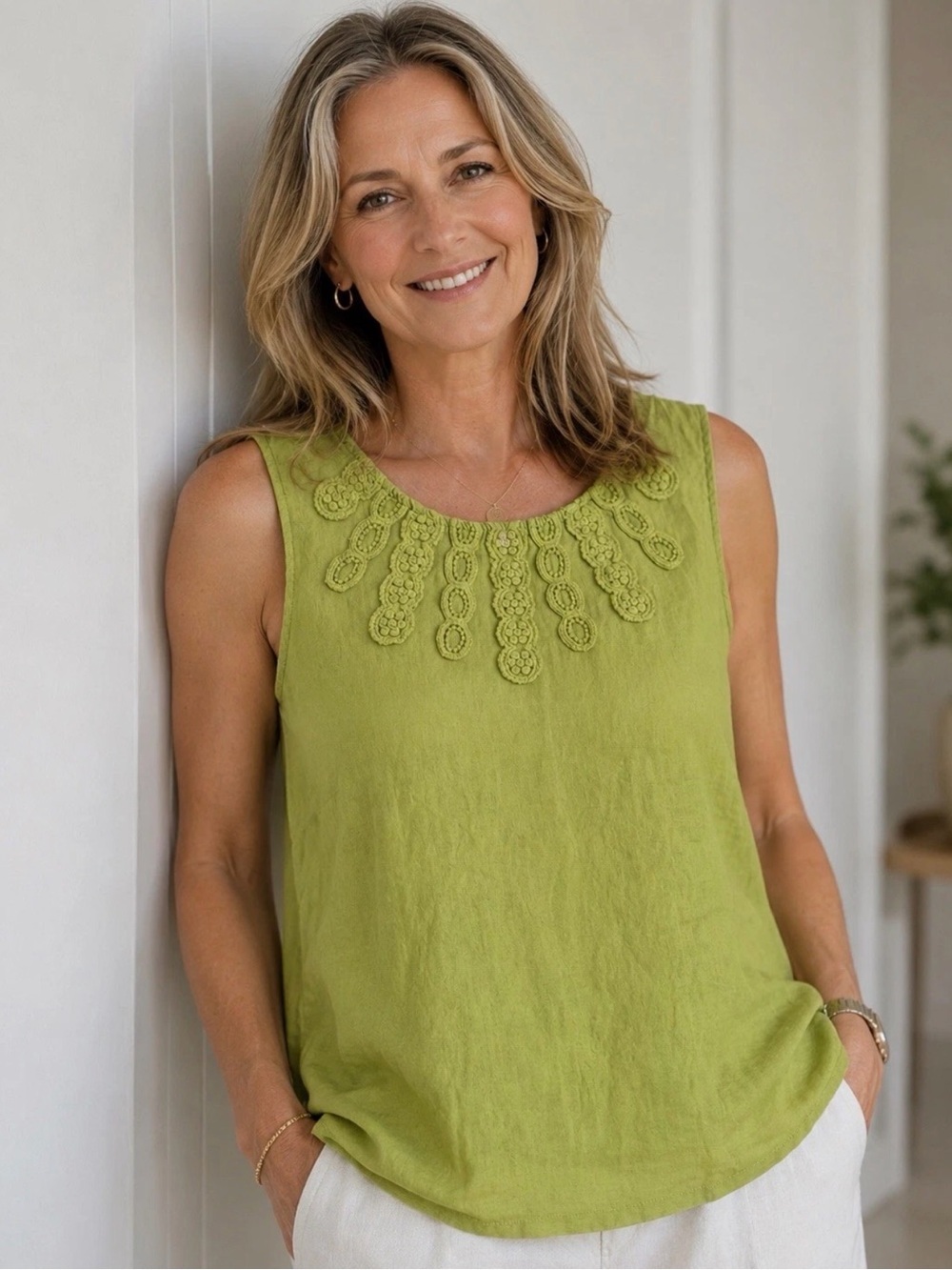 Coldwater Creek Lime Green Crochet-Trim Linen Tank